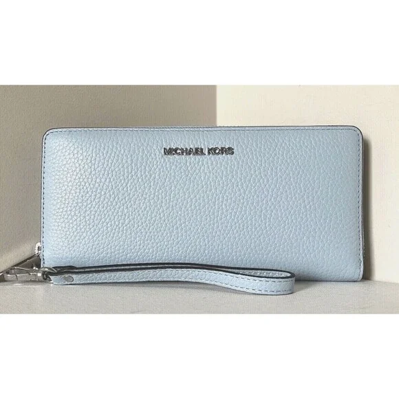 New Michael Kors Jet Set Large Travel Continental Wallet Leather Pale Ocean - Picture 1 of 5